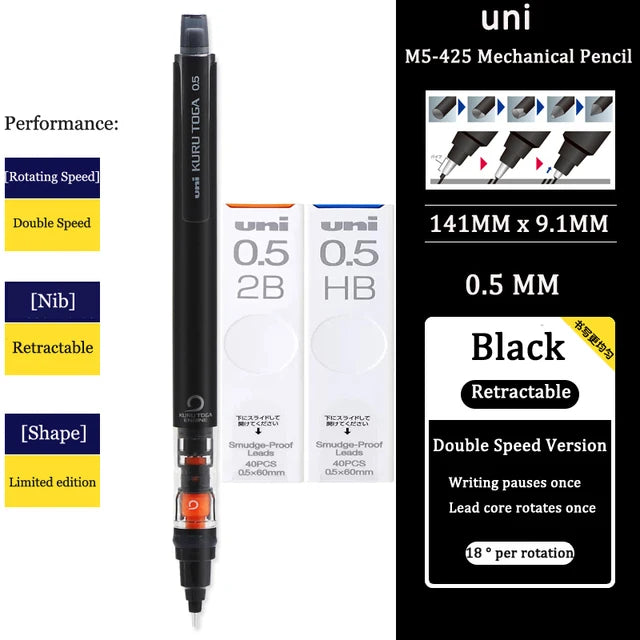 UNI KURU TOGA M5-452 Mechanical Pencil 0.5mm – Rotating Lead Automatic Pencil for Continuous Writing & Sketching