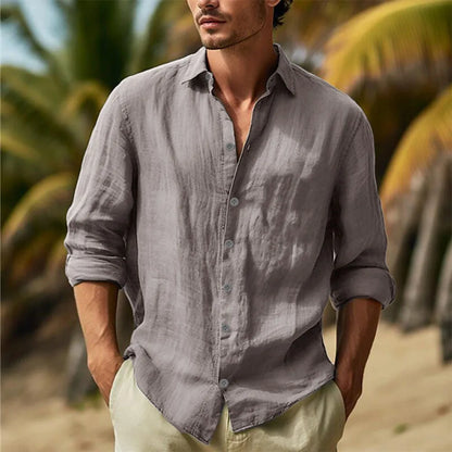 Men’s Cotton Linen Hawaiian Shirt – Solid White Turn-Down Collar Lightweight Breathable Casual Streetwear Large Size