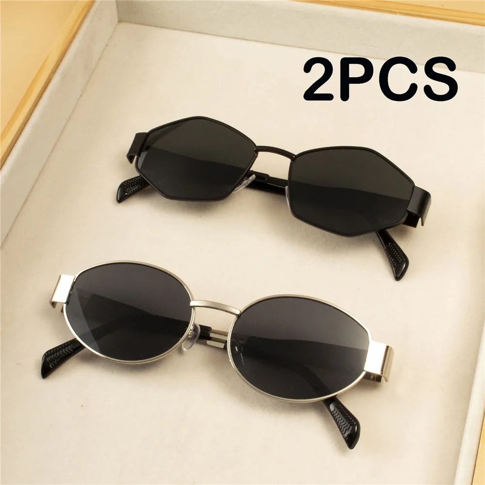 Vintage Punk Round Sunglasses 2PCS - Retro Metal Frame Fashion Eyewear for Women