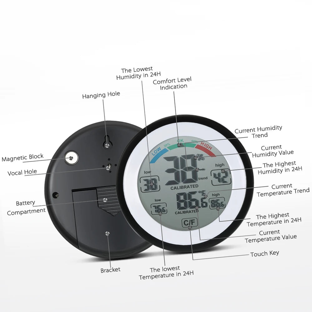 Digital Thermometer Hygrometer - Mini Temperature & Humidity Meter with °C/°F Display and Max/Min Trend Tracking