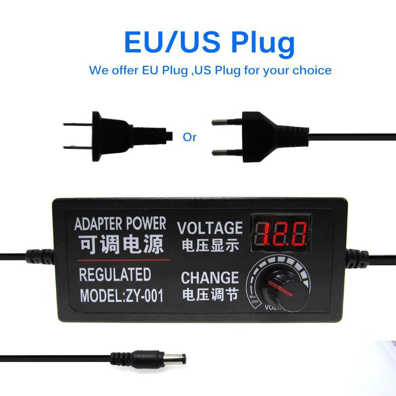 Adjustable AC DC Power Supply Adapter - 3V 9V 12V 24V 36V Voltage Converter with Multiple Amp Options & Plug Set
