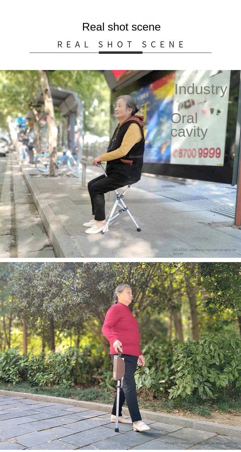Multi-Functional Non-Slip Walking Stick with Seat – One-Key Foldable Crutch Chair, Triangular Bracing Elderly Hiking Pole Walker