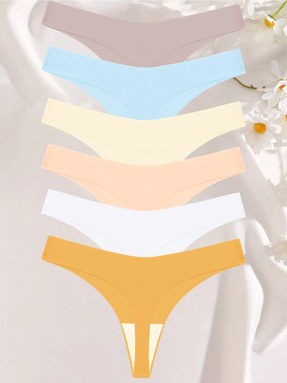 FINETOO 6PCS Seamless Ice Silk Thongs for Women – Breathable T-Back Crotch Briefs, Sexy Solid Tanga Lingerie in 10 Colors