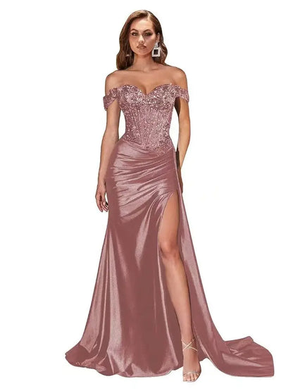 Women’s Dark Navy Off-Shoulder Prom Dress — Sweetheart Beaded Lace Corset Evening Gown with High Side Slit 2025
