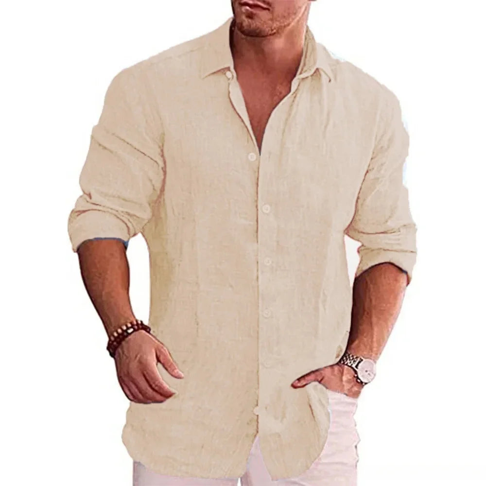 Men’s Cotton Linen Shirt - Long Sleeve Solid Color Casual Plus Size Autumn Top