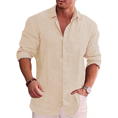 Men’s Cotton Linen Shirt - Long Sleeve Solid Color Casual Plus Size Autumn Top