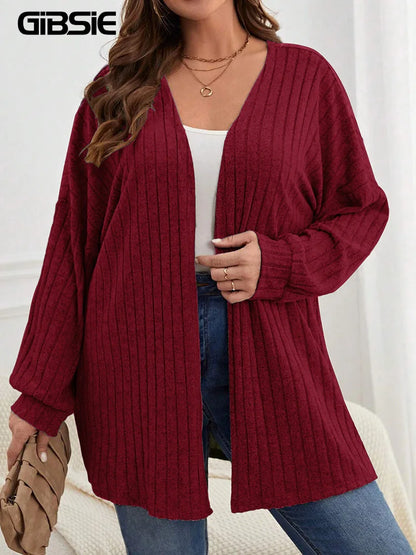 GIBSIE Plus Size Women's Autumn & Winter Solid Color Loose Cardigan – Casual Long-Sleeved Open Front Knitted Coat 2024