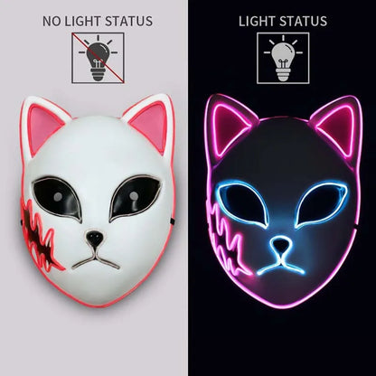 Demon Slayer LED Light-Up Mask – Glowing Anime Cat & Fox Face Cosplay Mask for Halloween, Parties & Costumes