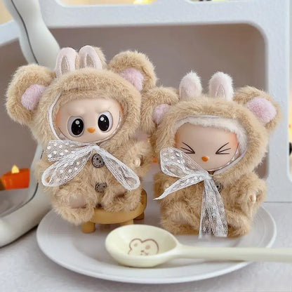 17cm Mini Plush Doll Clothes – Outfit Accessories for Kpop EXO Labubu Idol V1/V2, Cartoon Bear Hat & Bow Clothing Gift