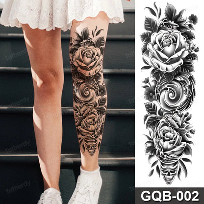 Full Arm Dragon Skull Tattoo Sleeve - Waterproof Temporary Body Art Sticker with Clock Compass Flower Design for Men & Women