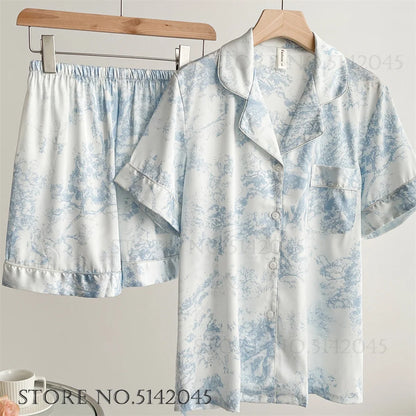 Fashion Floral Print Satin Pajamas Set for Women – Spring Summer Loose Sleepwear Loungewear Homewear Suit