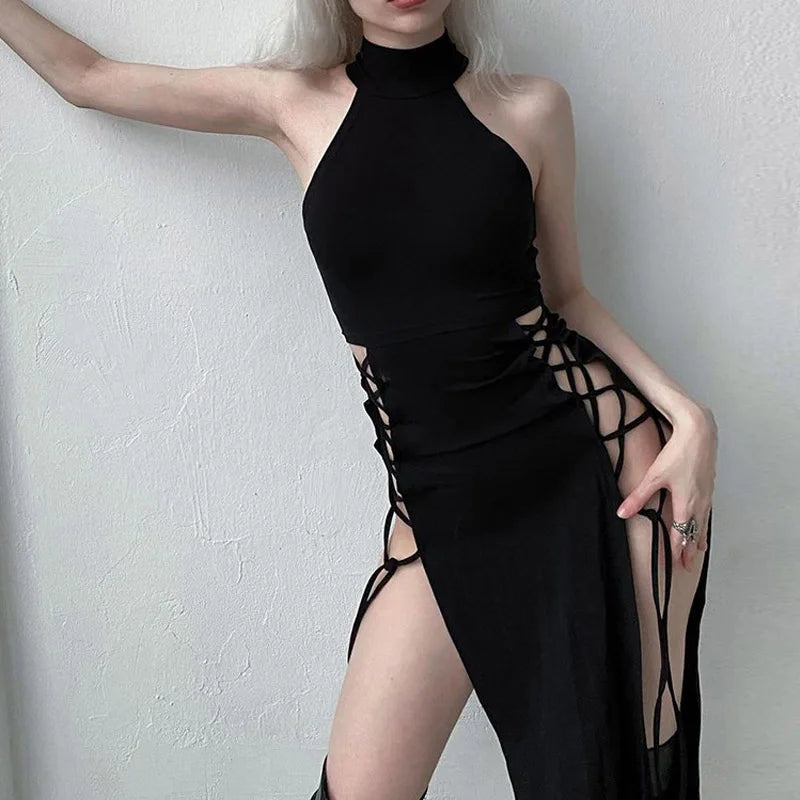 Gothic Dark Cosplay Dress – High Split Y2K Bandage Halter Slim Midi Black Grunge Partywear