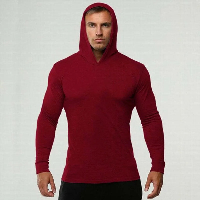 Men’s Slim Fit Gym Hoodie Long Sleeve – Breathable Cotton Fitness & Bodybuilding Sports T-Shirt