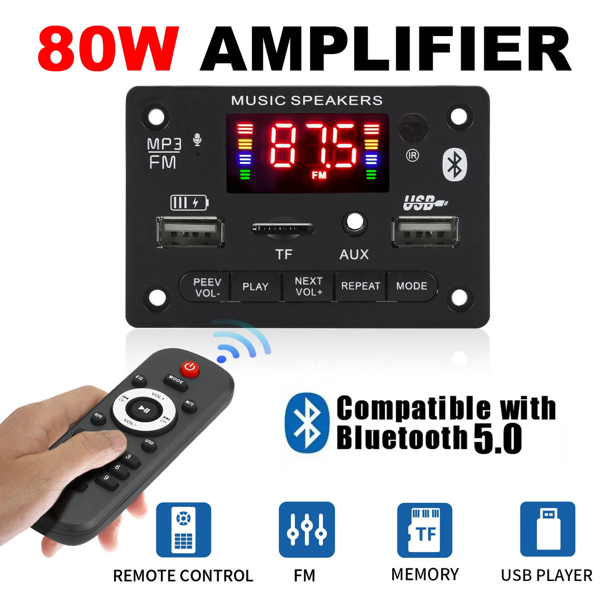 Bluetooth 5.0 MP3 Decoder Board - 80W Dual-Channel Amplifier Module with USB, TF Card, FM Radio, and 12V Support