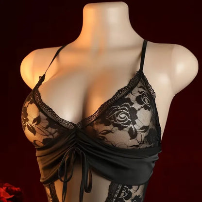Women’s Lace Crotchless Bodysuit Lingerie - Deep V Hollow Teddy Pajama Costume