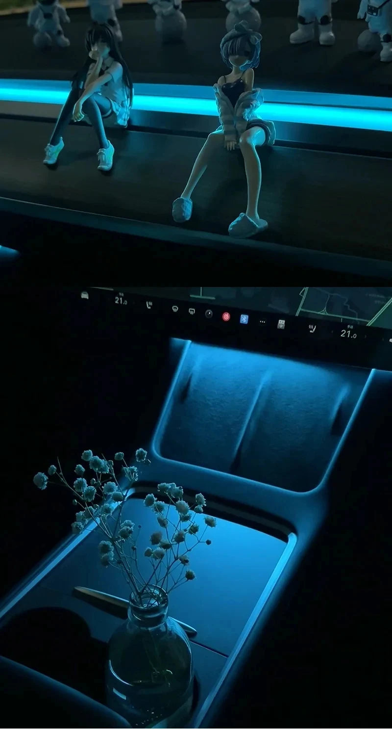 2-in-1 Dynamic Neon RGB Car LED Ambient Lighting – Auto OFF 60s Module for Tesla Model 3 & Y Dashboard Decoration