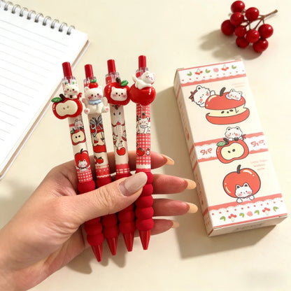 4-Piece Kawaii Apple Cat Gel Pen Set – 0.5mm Black Ink Cute Soft-Grip Pens for School and Office
