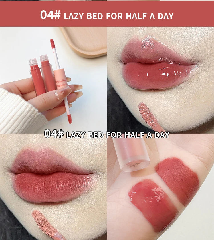 Double-End Lip Glaze – Glossy Mirror & Matte Velvet, Long-Lasting Color & Moisture, Anti-Stain Lip Gloss Cosmetic