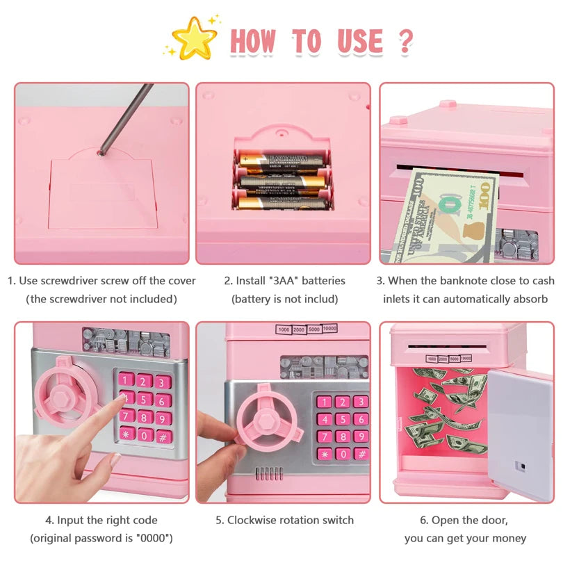 Kids Electronic Password Piggy Bank – Mini Safe Money Box with Code Lock & Auto Cash Slot
