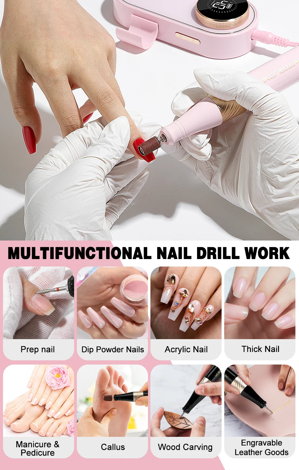 YOKEFELLOW Professional Nail Drill – 40000RPM Rechargeable Electric Nail E-File, Cordless for Acrylic & Gel Nails