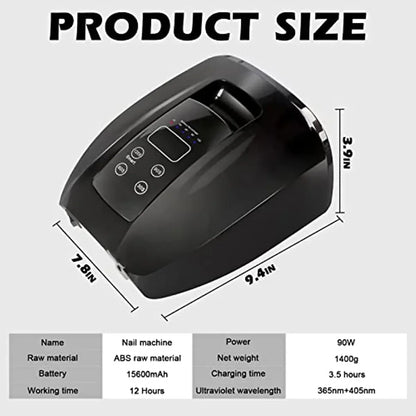 90W Rechargeable Nail Lamp – Cordless LED UV Light for Acrylic Nails, Wireless Manicure Machine with Mirror Bottom