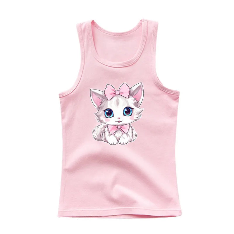 Girls Owl Print Tank Top - Sleeveless Cotton Sports Vest Shirt for Kids 3-14 Years