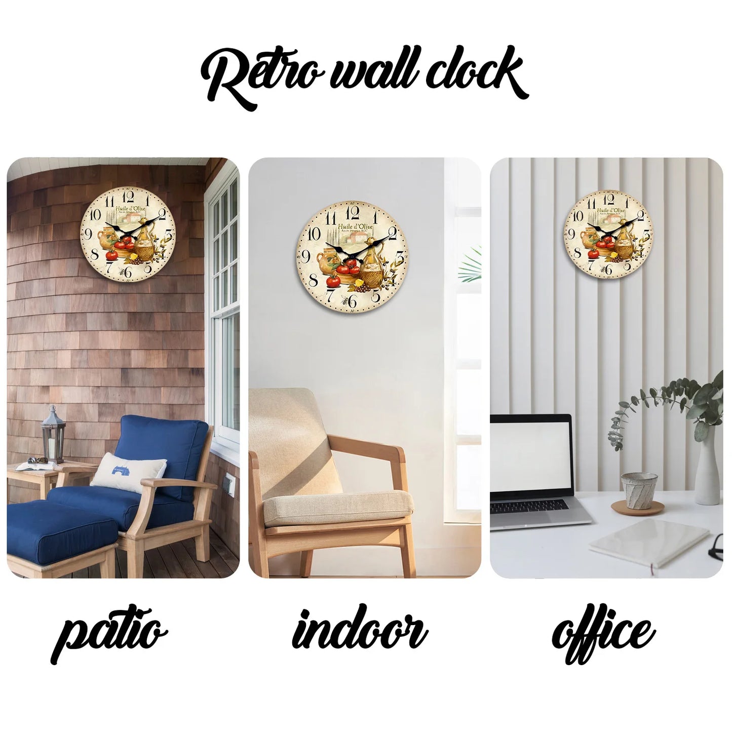 Retro Provence Wooden Wall Clock – Olive Oil & Tomato Pattern, Silent Quartz for Living Room, Bedroom, Kitchen | 10-16 Inch Home Decor, Holiday Gift (No Batteries)