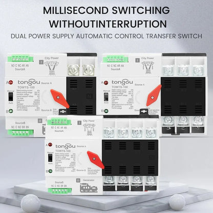 TONGOU Din Rail ATS Dual Power Automatic Transfer Switch – 2P 3P 4P Electrical Selector, Uninterrupted Power, 63A-100A Mini