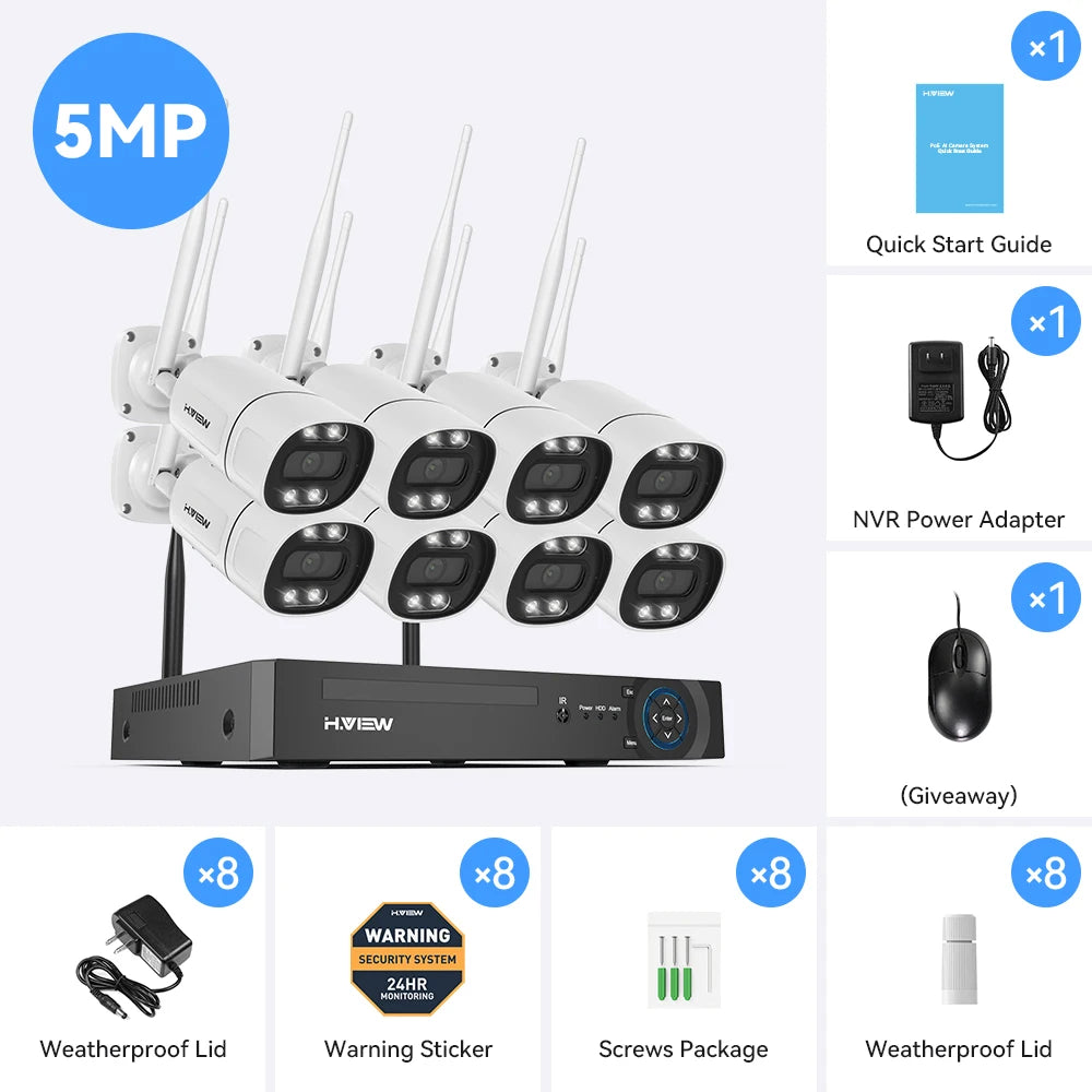 H.View 8CH 5MP Wireless WiFi Security Camera System — CCTV NVR Kit with Indoor/Outdoor Cameras & Two-Way Audio XMEye