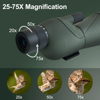 Powerful 25-75x60 Telescope Spotting Scope - Zoom Monocular FMC BAK4 Waterproof for Bird Watching, Target Shooting with Tripod