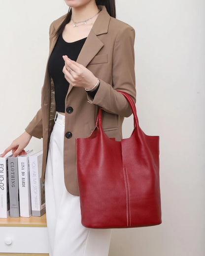 Genuine Leather Women’s Commuter Tote Bag — Soft Cowhide Shoulder Handbag, Large Capacity Bucket Bag, 2025 New