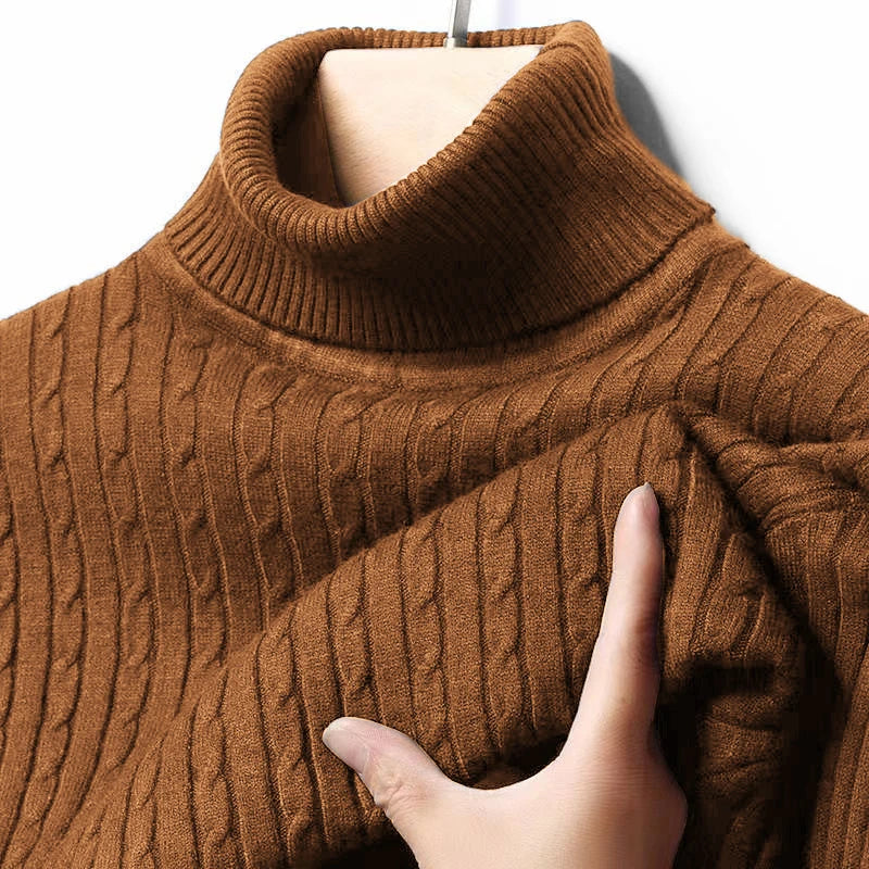 Men's Autumn Ribbed Turtleneck Sweater - Warm Fitted Jacquard Striped Knitted Long Sleeve Pullover Top