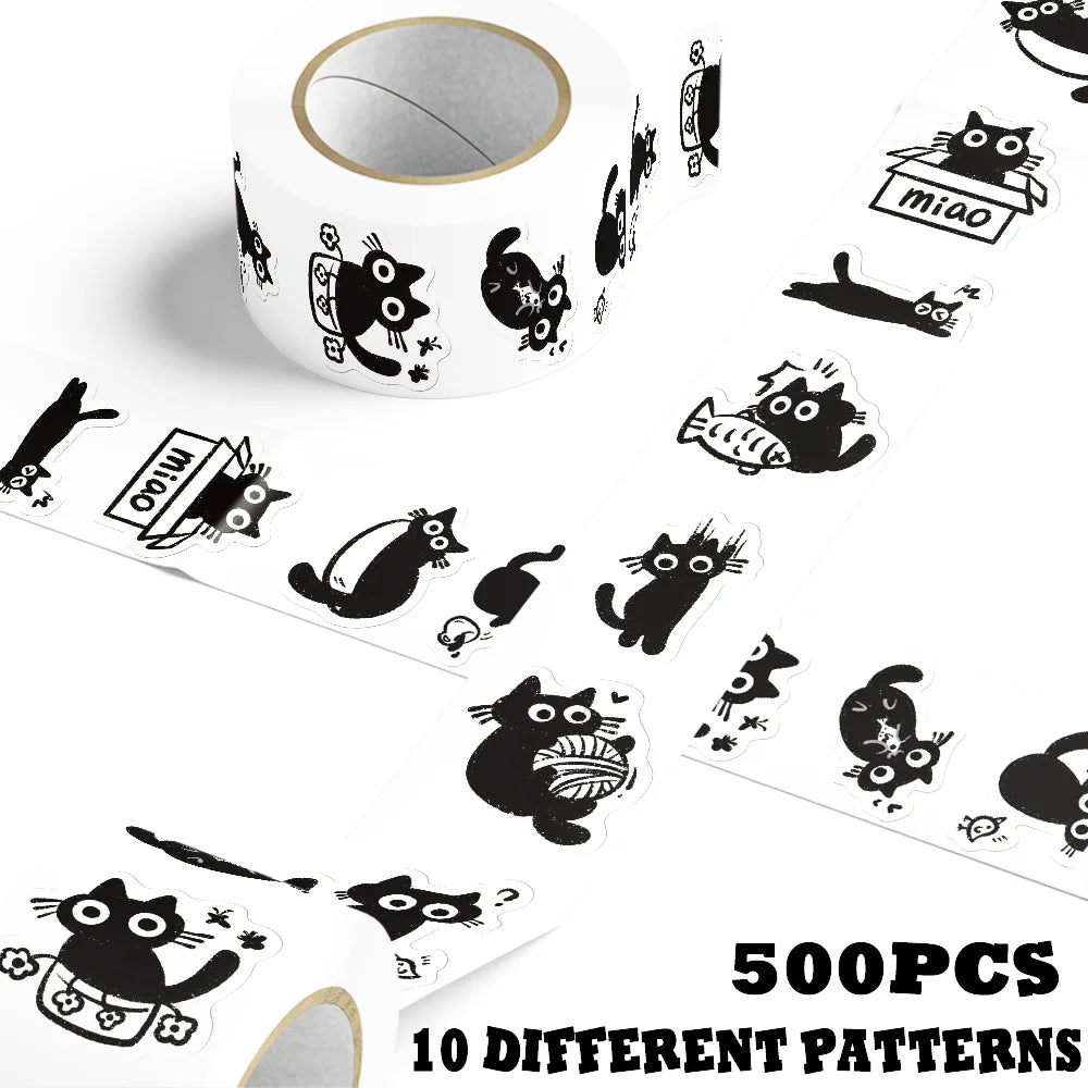 500pcs Cartoon Black Cat Stickers – Cute DIY Decals for Laptops, Scrapbooks, Diaries, Guitars, Helmets & Water Bottles