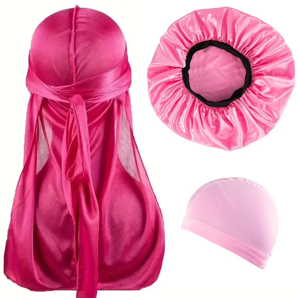 3PCS Durag & Satin Bonnet Set - Solid Color Night Cap and Lightweight Dome Hat Hair Accessories