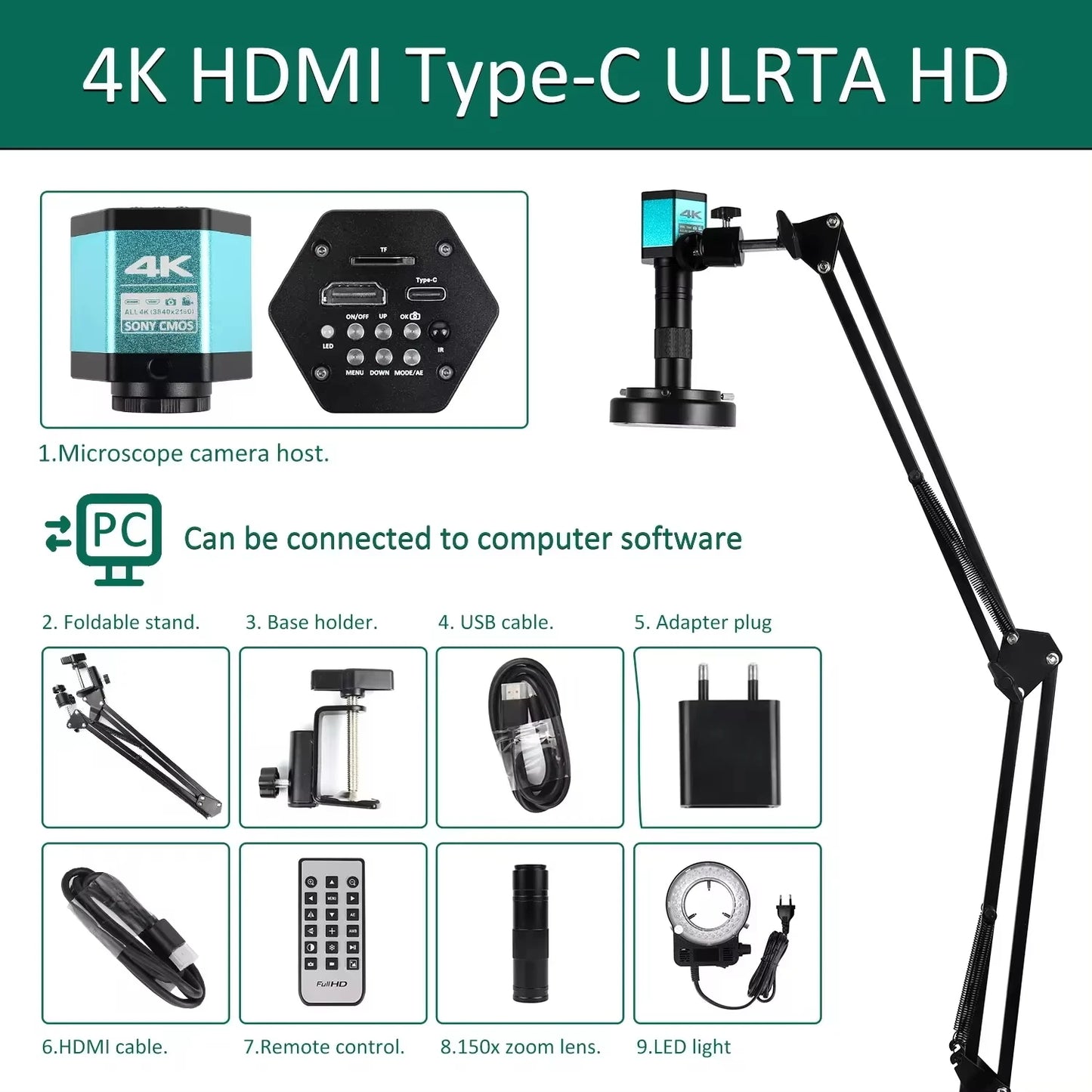 YIZHAN 4K Digital Microscope — Full HD HDMI VGA Industrial Camera with C-Mount, 150x Lens for Soldering & Phone Repair