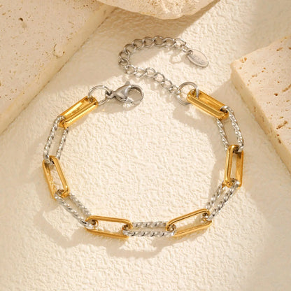 Women's Two-Tone Twist Paperclip Bracelet – Chunky Stainless Steel Adjustable 18K Gold Plated Link Jewelry