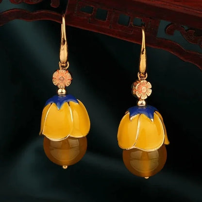 Vintage Flower Drop Earrings - Natural Stone Ethnic Jewelry for Women