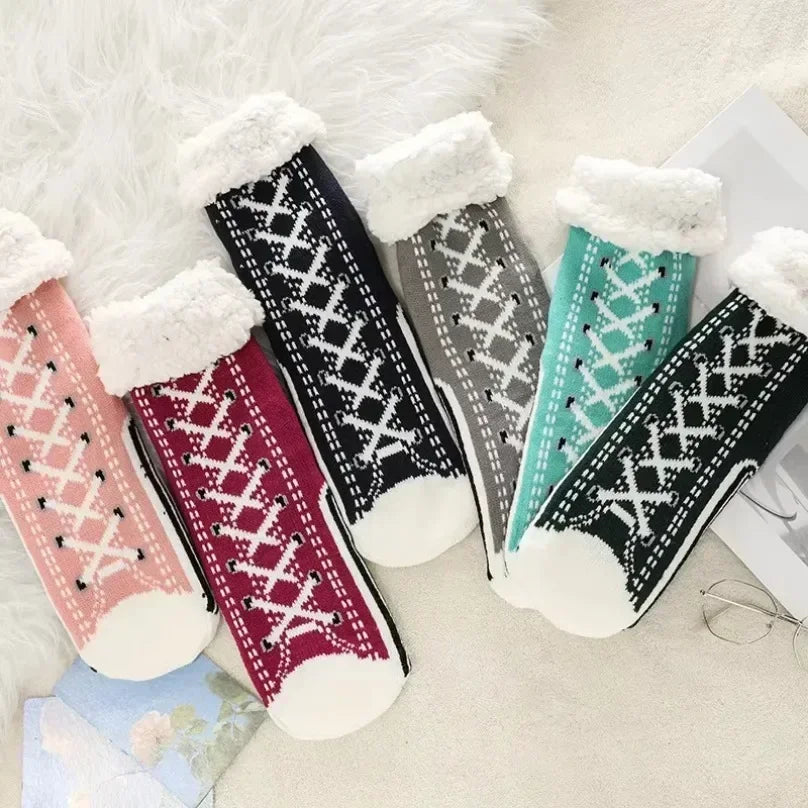 Fuzzy Plush Winter Socks - Warm Non-Slip Snowflake Slipper Socks for Women, Home & Sleeping