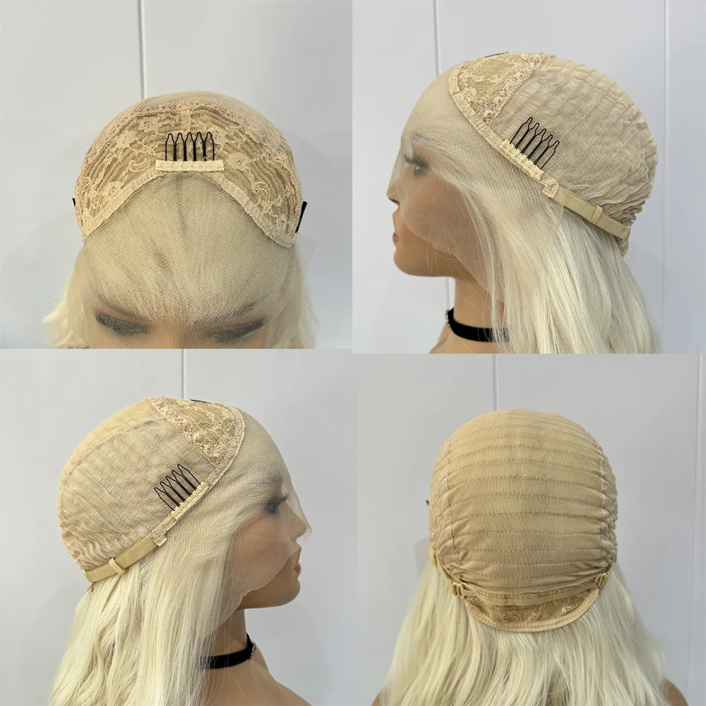 Platinum Blonde Wave Lace Front Wig – Long Synthetic Wigs for Women, Natural Loose Curl Cosplay in White, Black & Pink