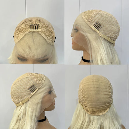 Platinum Blonde Wave Lace Front Wig – Long Synthetic Wigs for Women, Natural Loose Curl Cosplay in White, Black & Pink