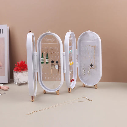 Foldable Jewelry Box Organizer with Mirror: Plastic Storage Container for Women - Desk Storage Rack for Earrings, Necklaces, Rings, and More