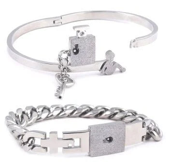 Couple Stainless Steel Love Lock Bracelet with Key Pendant Necklace – Romantic Jewelry Gift for Men and Women