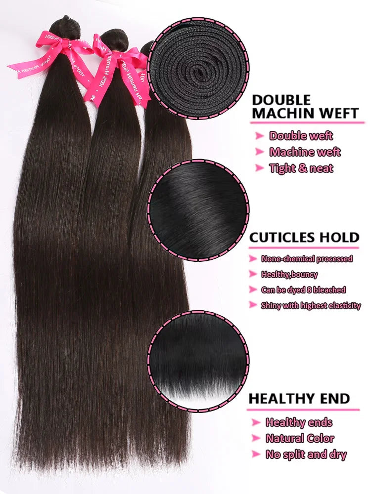 Bone Straight 100% Human Hair Bundles – 30" 40" 50" Brazilian Virgin Hair Extensions, Double Weft, Natural Black