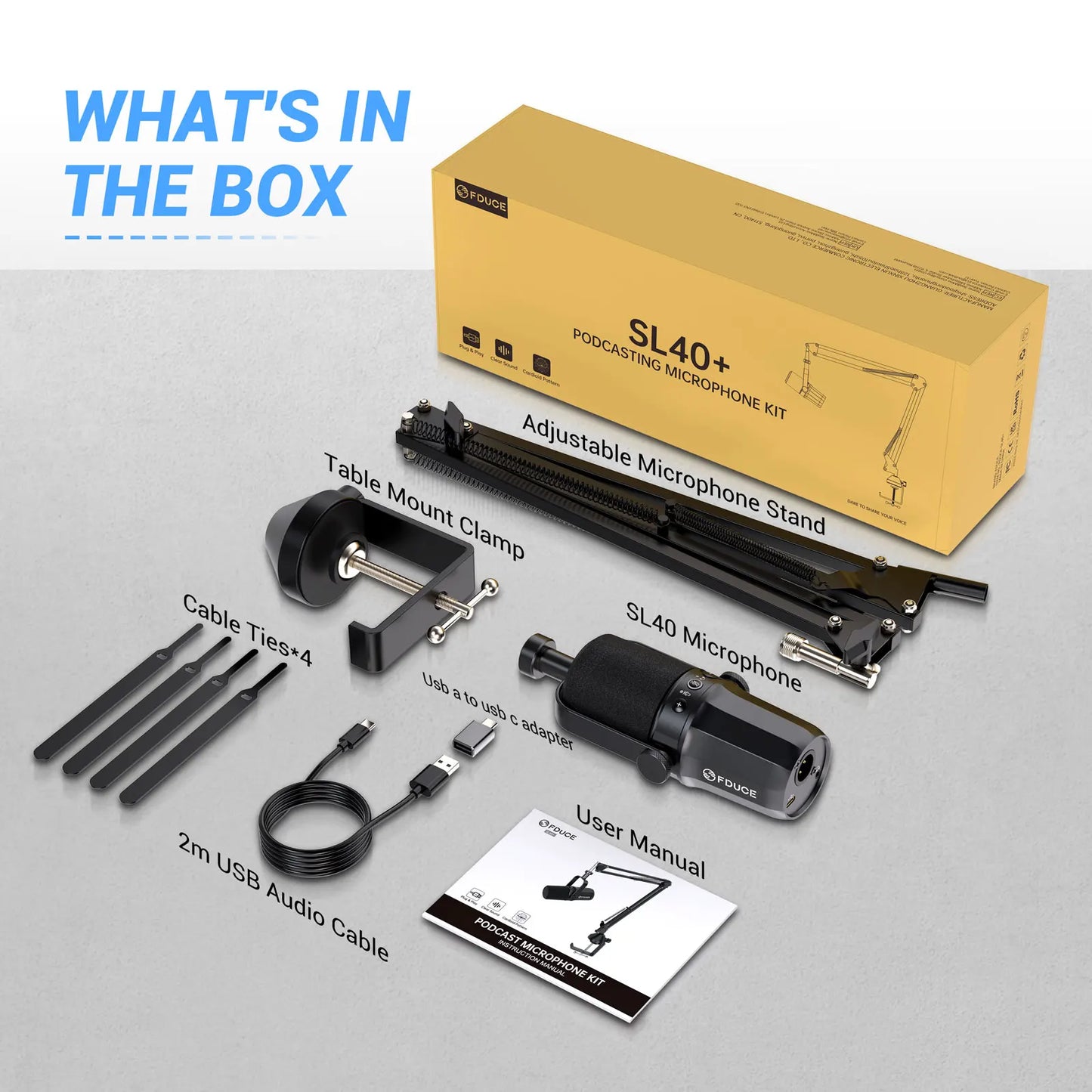 FDUCE SL40+ USB/XLR Dynamic Microphone Kit – Built-in Headset Output, Sound Insulation & Arm Stand for PC, PS5/4, Mixer