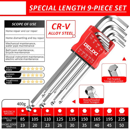 DELIXI ELECTRIC Allen Key Set - Metric Hex Wrench Screwdriver Kit with Long Torque Handles for Motorcycles & Bicycles