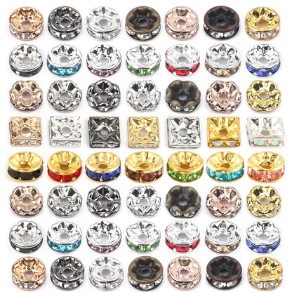 50PCS Rhinestone Spacer Beads Set – Multi-Color Crystal Rondelle Metal Beads for DIY Jewelry & Bracelet Making