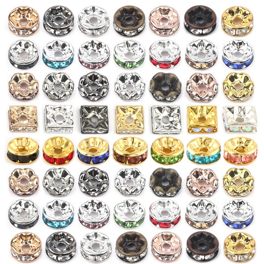 50PCS Rhinestone Spacer Beads Set – Multi-Color Crystal Rondelle Metal Beads for DIY Jewelry & Bracelet Making