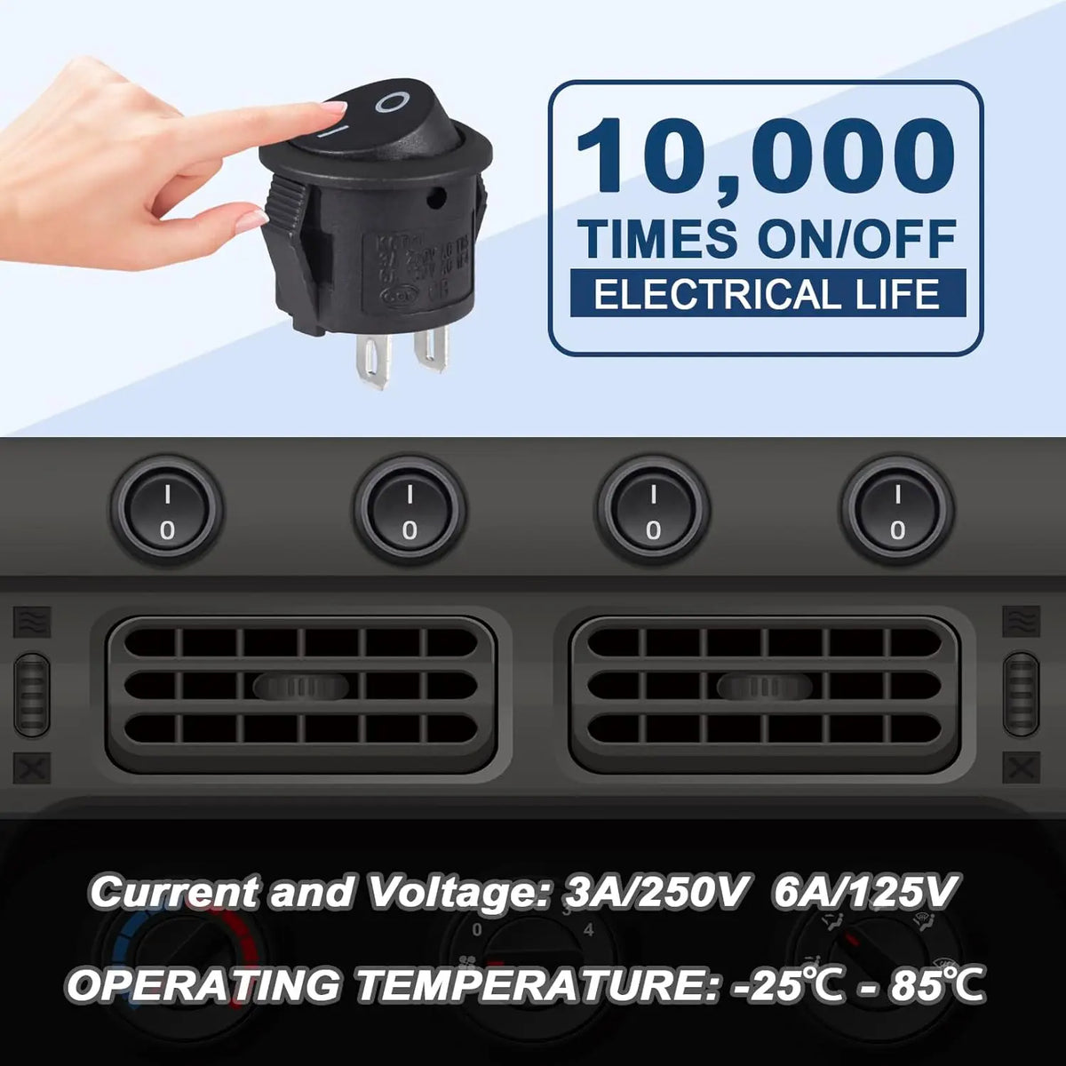 Mini Round Rocker Switches - 2-Pin On/Off 3A 250V 6A 125V Switches for RV, Car, Truck and Boat, 10/20PCS