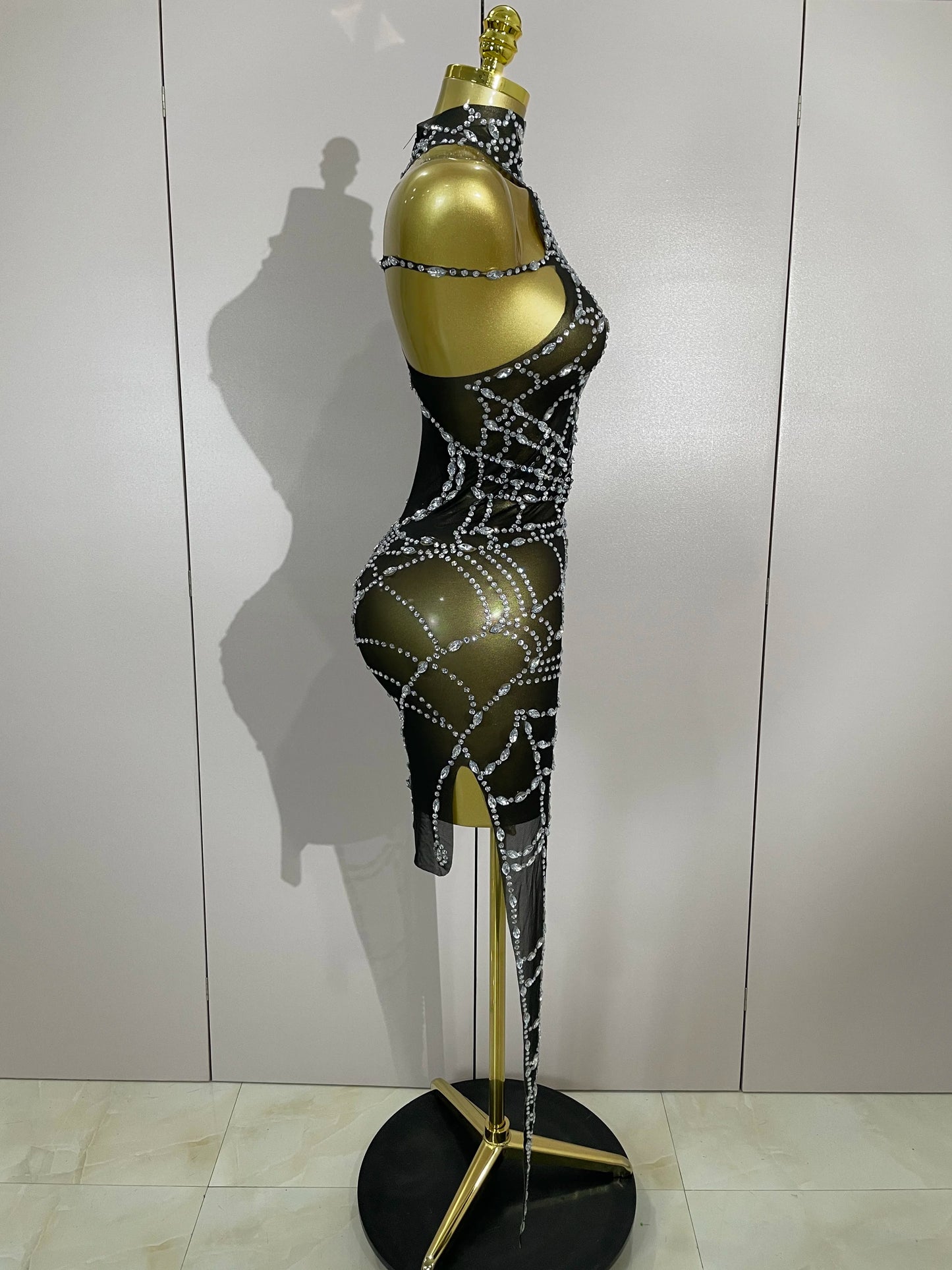 Sparkly Diamond Mesh Asymmetric Bodycon Mini Dress — Sexy Women Nightclub Party Gogo Dancer Stage Costume