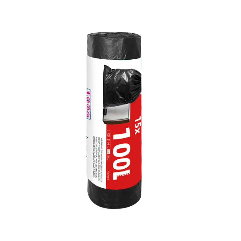 60/100L Large Kitchen Garbage Bags – 1 Roll (15 PCS) Thick Black Disposable Waste Bags with Drawstring Handles